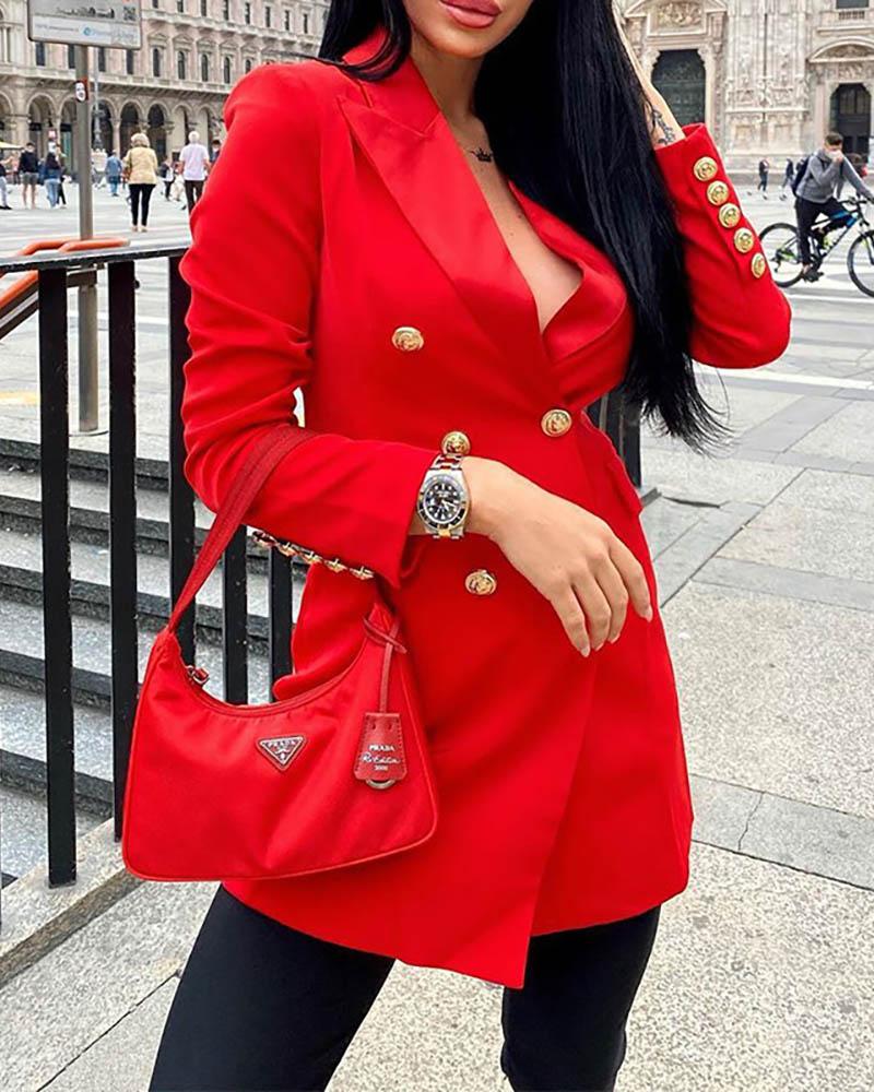 

Double Breasted Solid Long Sleeve Blazer Coat, Red