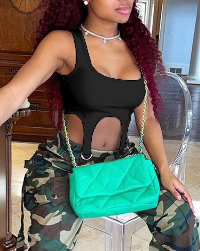 

U-Neck Knitted Crop Tank Top, Black