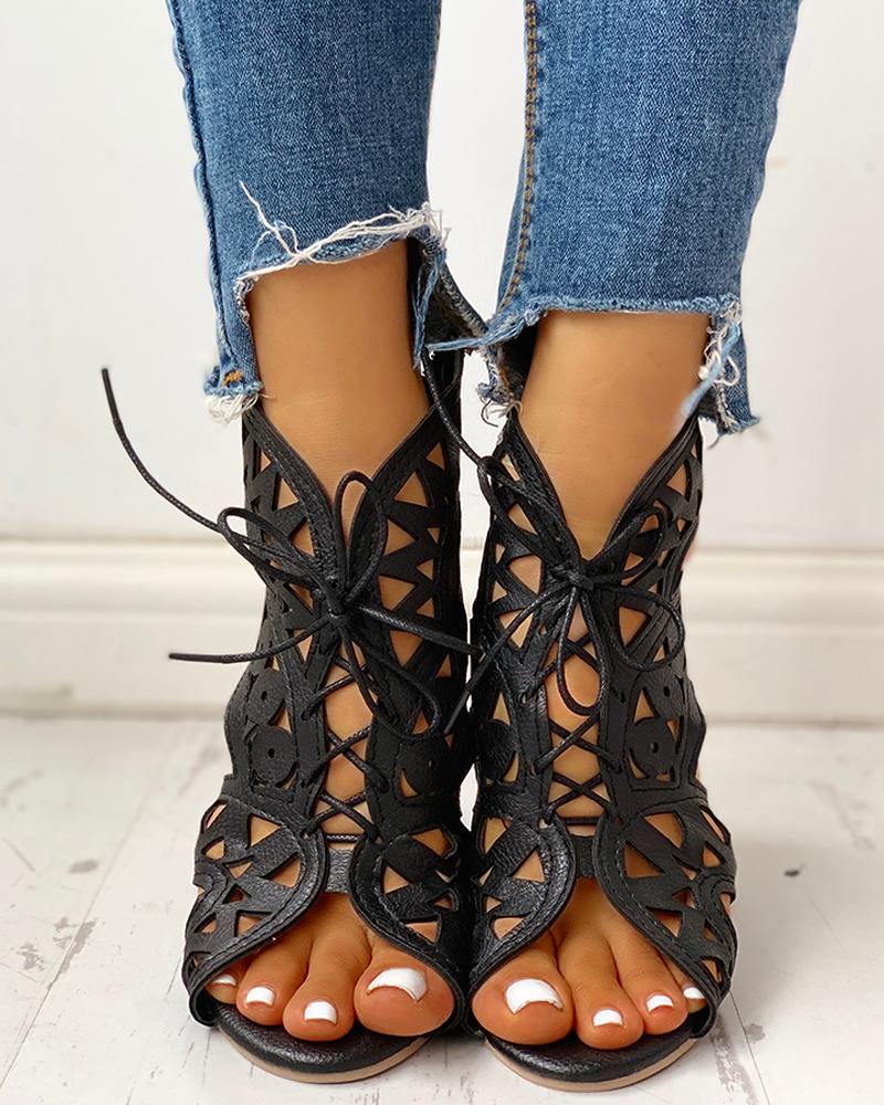 

Hollow Out Lace-up PU Wedge Sandals, Black