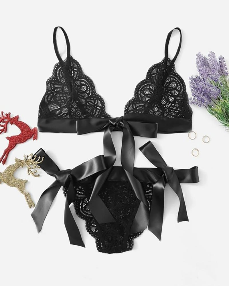 

Satin Tied Detail Crochet Lace Lingerie Set, Black