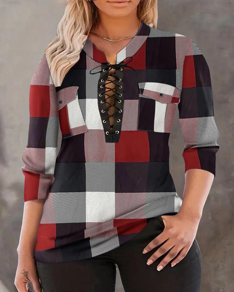 

Plus Size Plaid Print Colorblock Eyelet Lace-up Top, Red