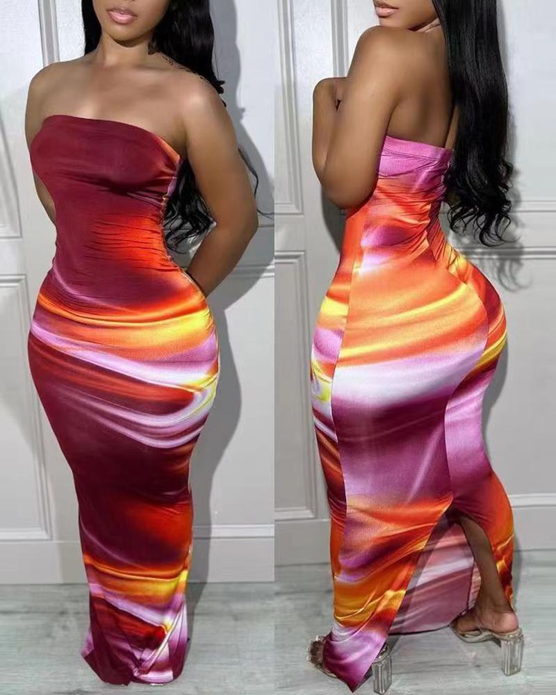

Ombre Tie Dye Print Bandeau Bodycon Dress, Red