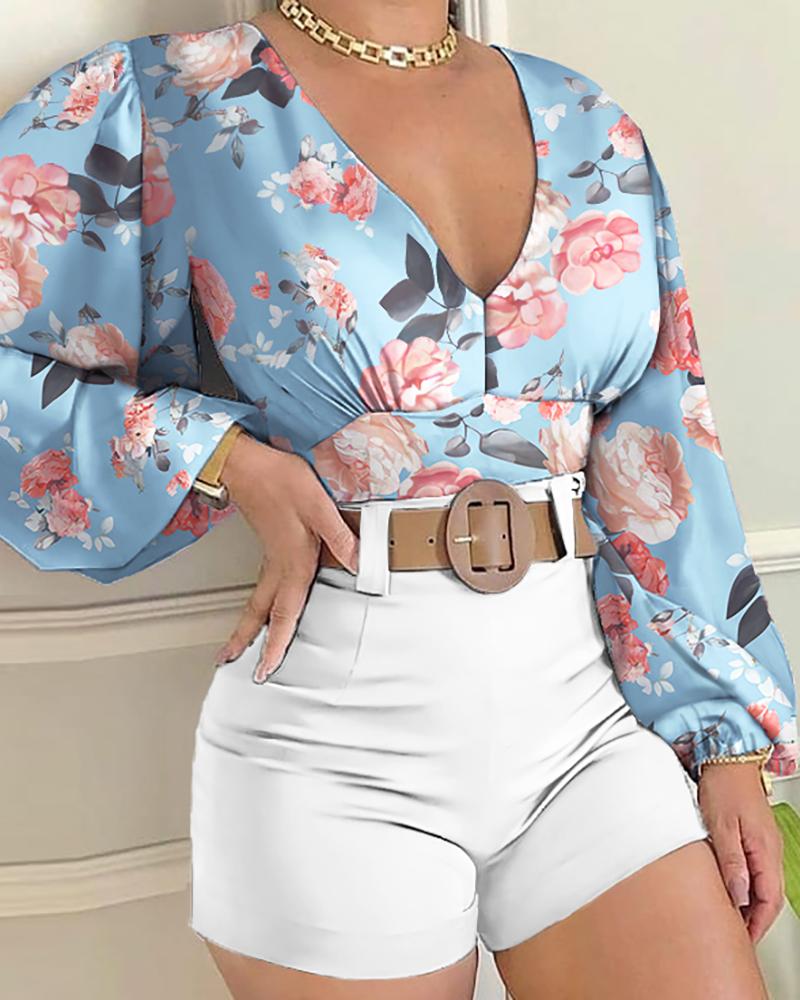 

Floral Print Lantern Sleeve Top & Plain Shorts Set, Blue