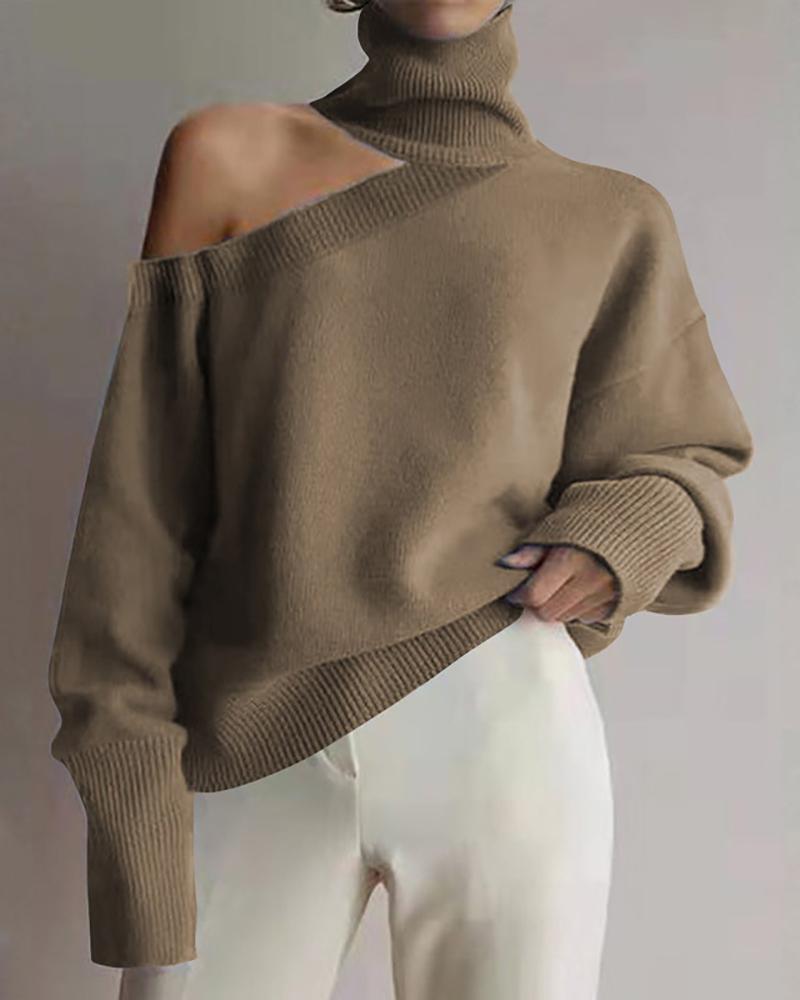 

Cold Shoulder High Neck Long Sleeve Sweater, Khaki