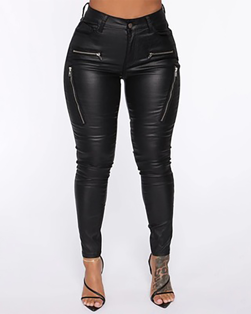 

PU Leather Zipper Design Pocket Design Pants Plain PU High Waist Slim Skinny Pants, Black