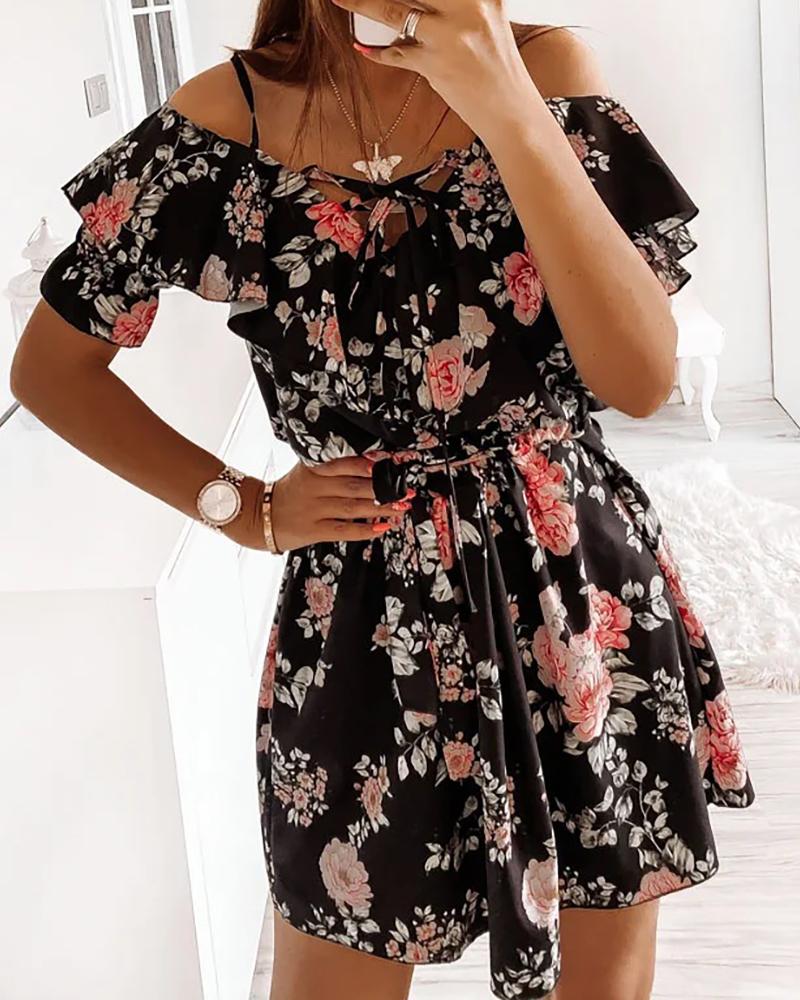 

Cold Shoulder Tie Front Floral Print Ruched Dress, Black