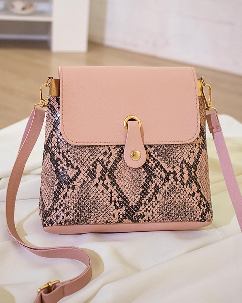 

Snakeskin Square Bucket Shoulder Bag, Pink