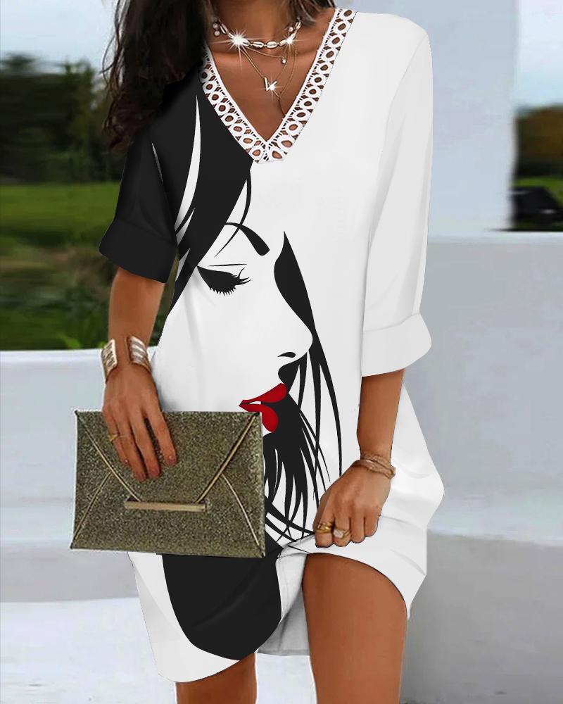 

Figure Print Contrast Lace Long Sleeve Casual Dress, Blackwhite