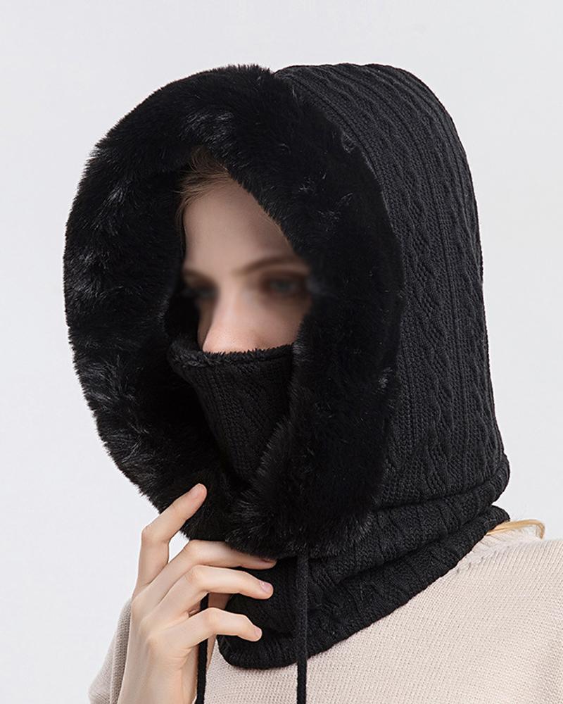 

1pc Fuzzy Trim Fleece Lined Beanie Hat Scarf Mask Drawstring Warm Hooded Winter Balaclava Pullover Cable Knitted Hats, Black