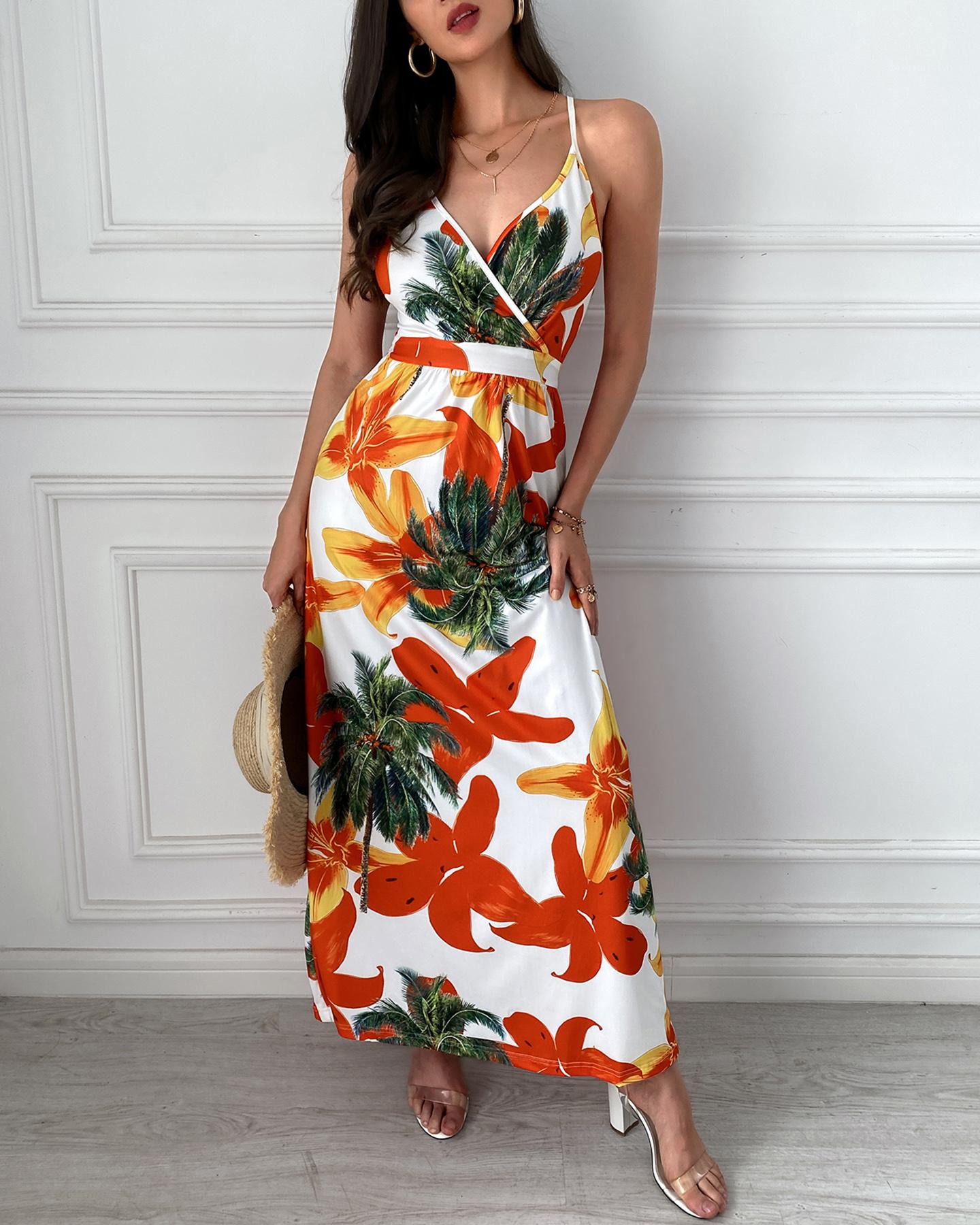 

Surplice Neck Floral Print Spaghetti Strap Maxi Dress, Red