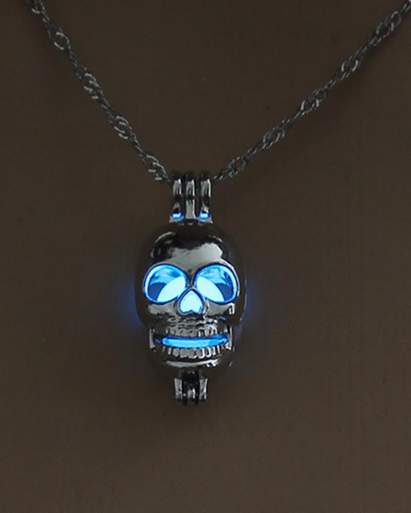 

1pc Halloween Luminous Skull Head Pendant Necklace, Sky blue