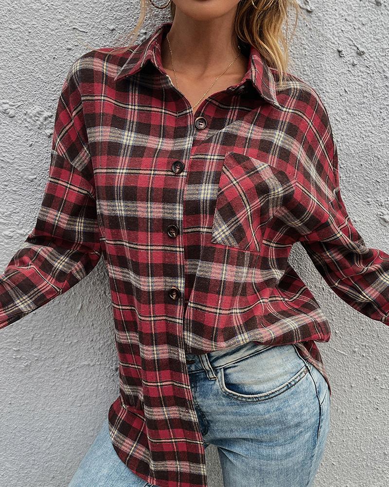 

Long Sleeve Buttoned Pocket Design Plaid Print Colorblock Top, Red
