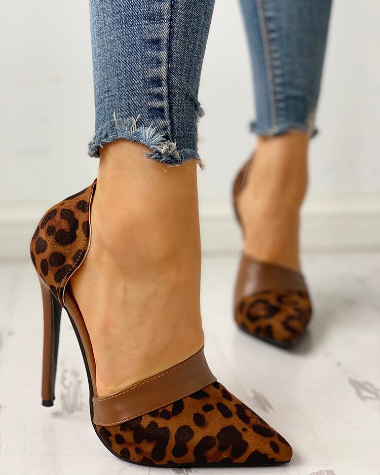 

Pointed Toe Suede & PU Heels, Leopard