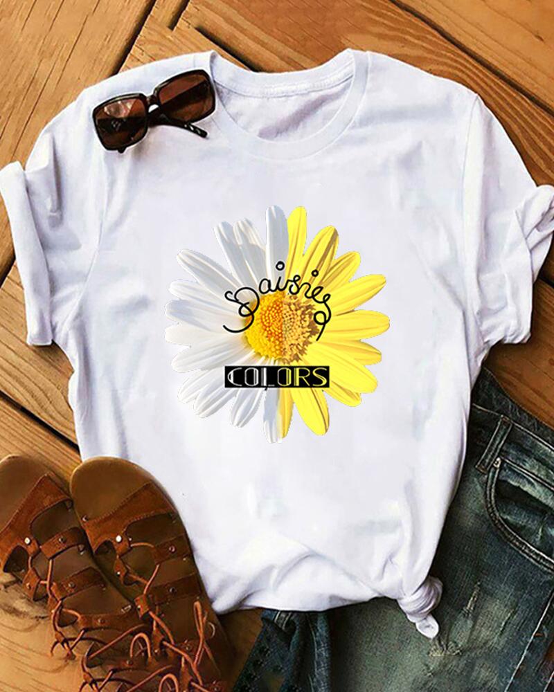 

Daisy Print Short Sleeve Loose T-shirts, White