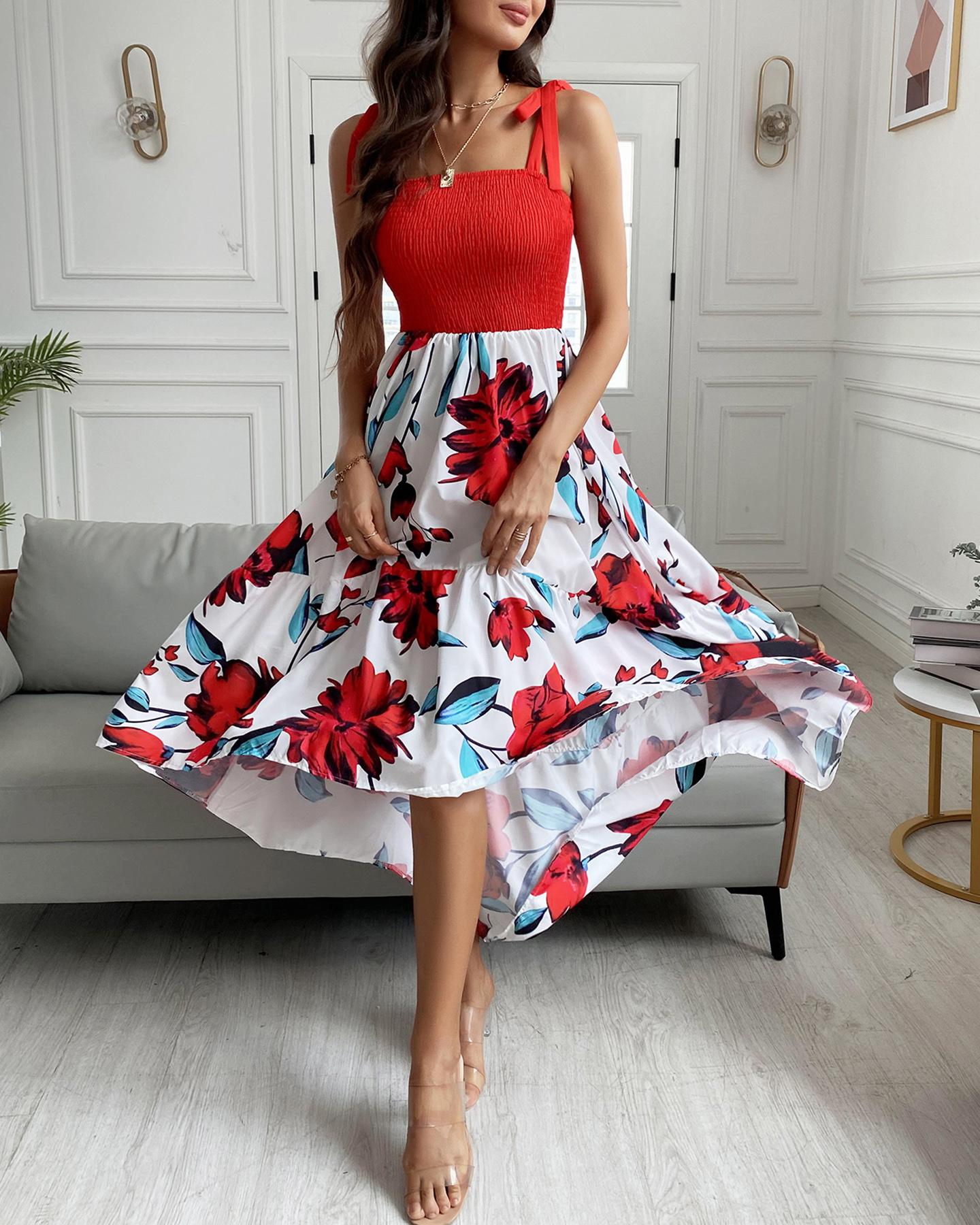 

Printed Floral Cami Patchwork Maxi Dress, Red