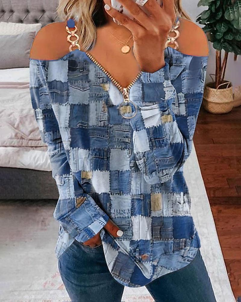 

Denim Look Print Zip Detail Cold Shoulder Top, Blue