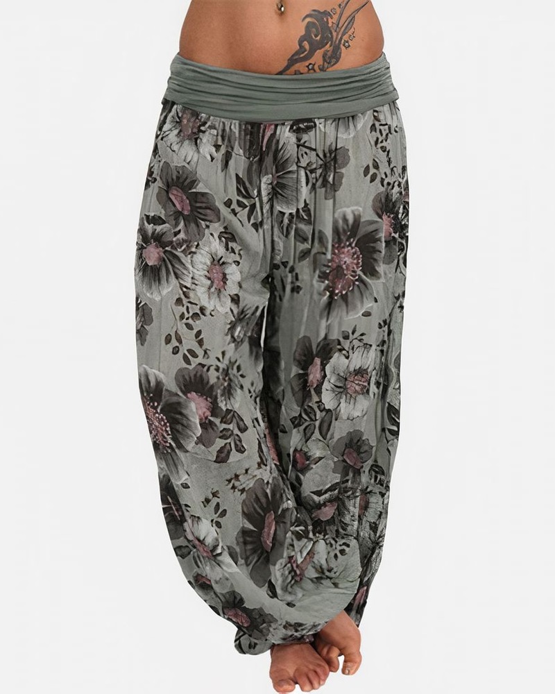 

Floral Print Ruched Low Waist Harem Pants, Army green