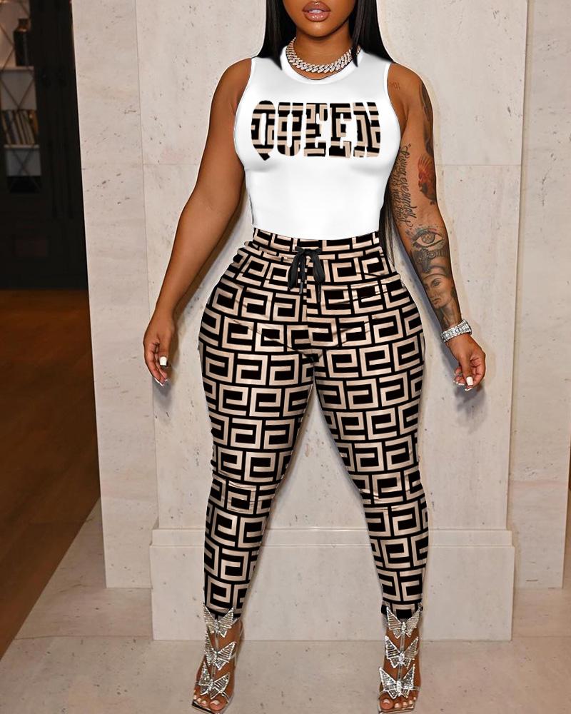 

Geo Letter Print Basic Tank Top & Drawstring Pants Set, Khaki