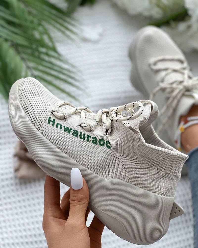 

Letter Pattern Lace-up Muffin Sneakers, Apricot