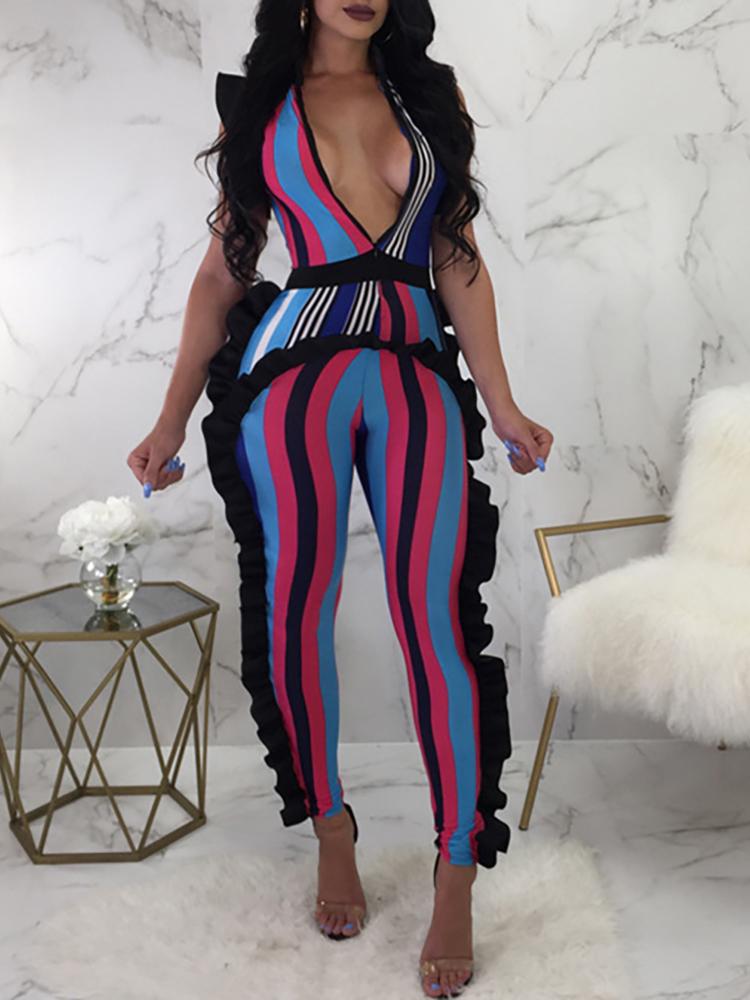 Reversible Colorful Striped Frills Trim Jumpsuits