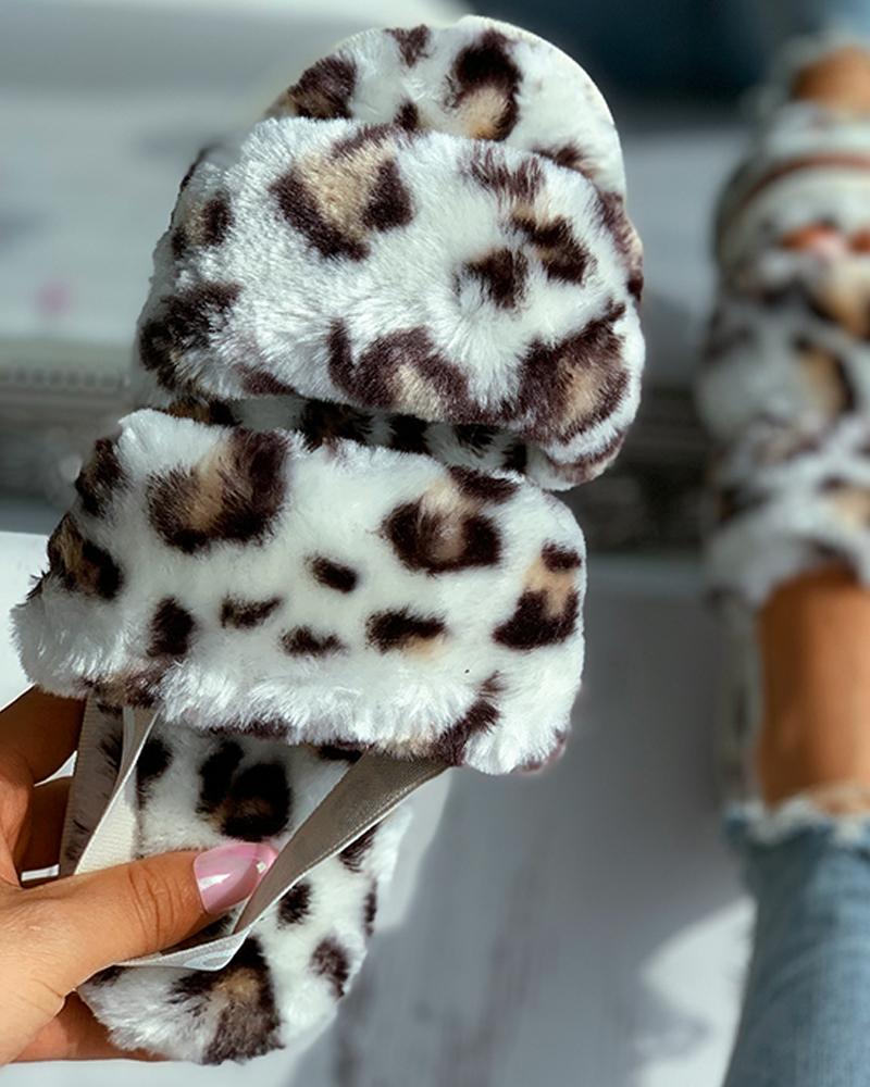 

Letter Strap Double Band Fluffy Peep Toe Slippers, Leopard