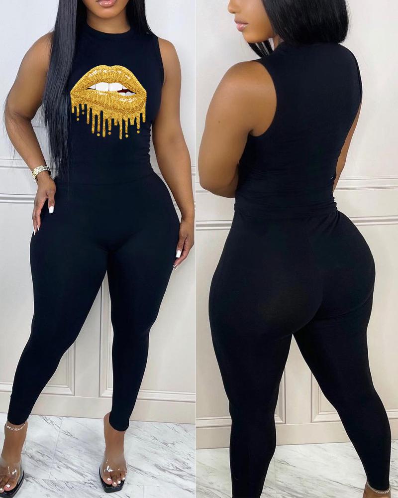 

Lip Print Casual Tank Top & Skinny Pants Set, Black