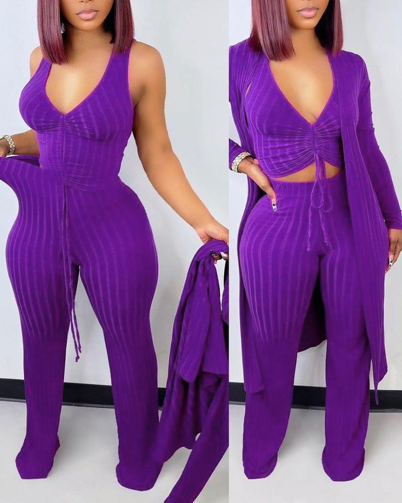 

3PCS Ribbed Crop Tank Top & Pants Set With Coat, Purple