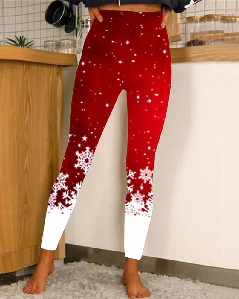 

Christmas Snowflake Print High Waist Leggings, Red