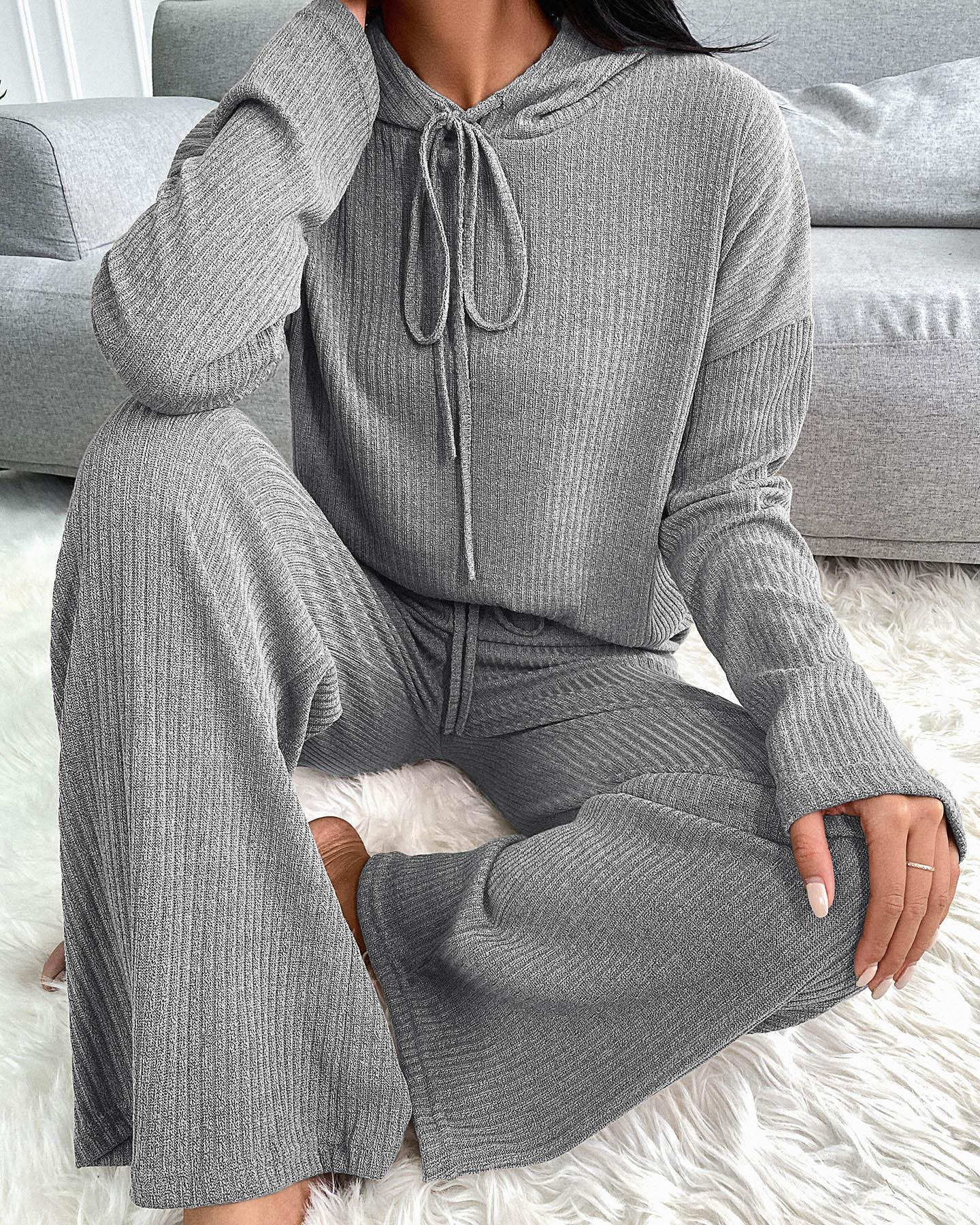 

Drawstring Hooded Top & Pants Set, Gray