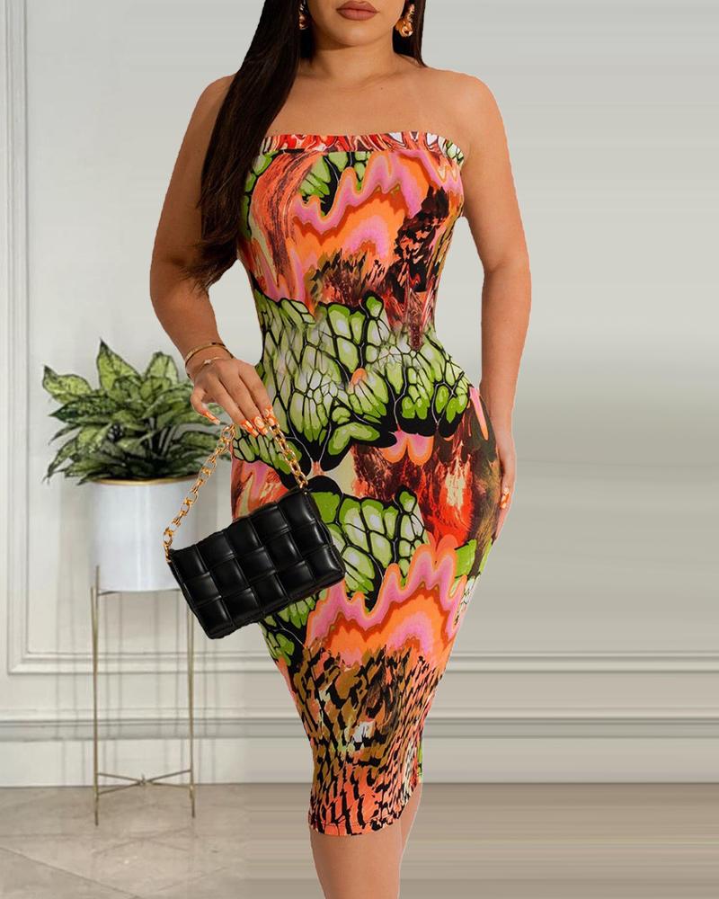 

Abstract Print Bandeau Sleeveless Bodycon Dress, Pink