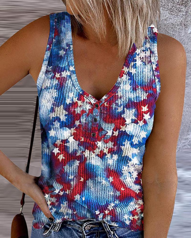 

Independence Day Flag Tie Dye Print Buttoned Tank Top, Blue