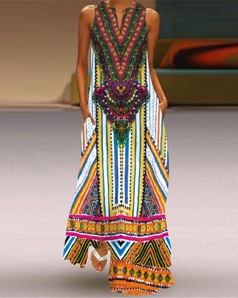 

Tribal Print Sleeveless Notch Neck Maxi Dress, Multicolor