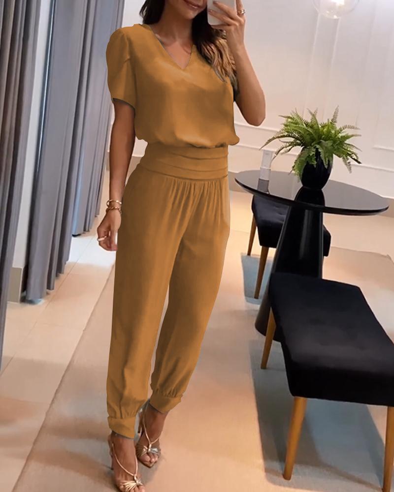 

Puff Sleeve Top & High Waist Cuffed Pants Set, Khaki
