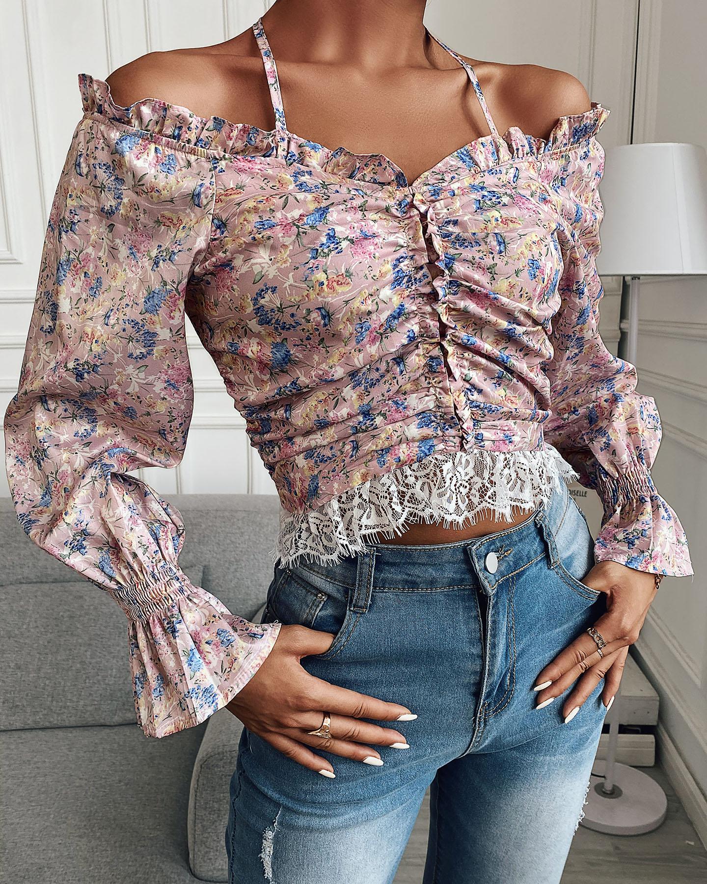 

Off Shoulder Eyelash Lace Frill Hem Floral Print Top, Multicolor