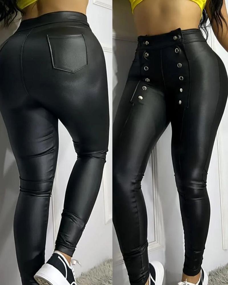 

High Waist Buttoned PU Leather Pants, Black
