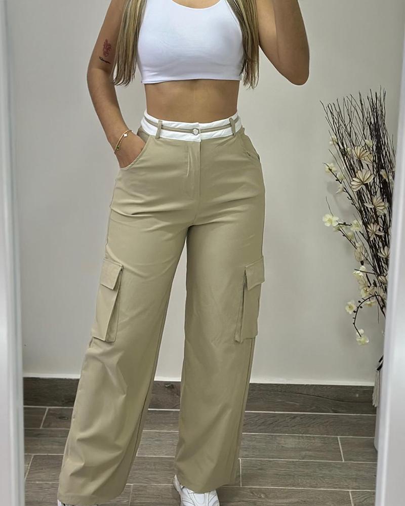 

Colorblock Pocket Design High Waist Cargo Pants, Khaki