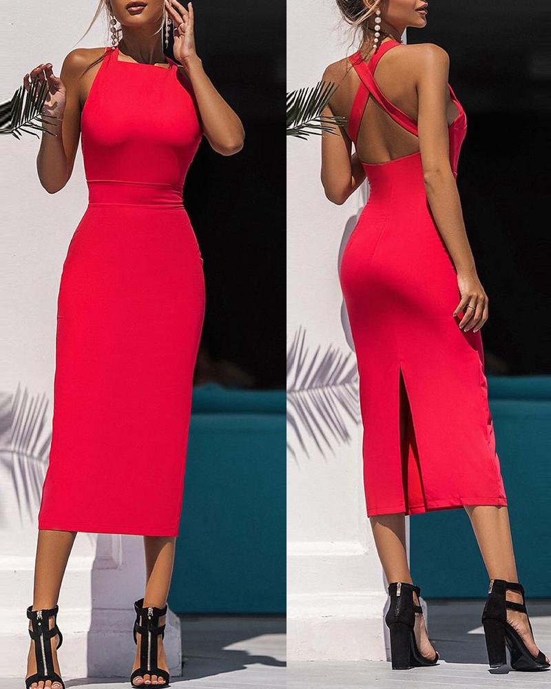 

Plain Crisscross Backless High Slit Zipper Design Skinny Dress Slim Fit Bodycon Dress, Rose red