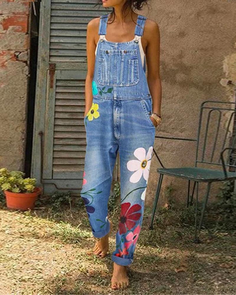 

Floral Print Pocket Detail Denim Overalls, Blue