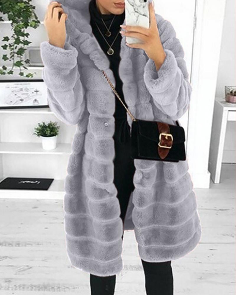 

Pocket Deign Long Sleeve Hooded Fuzzy Coat, Gray