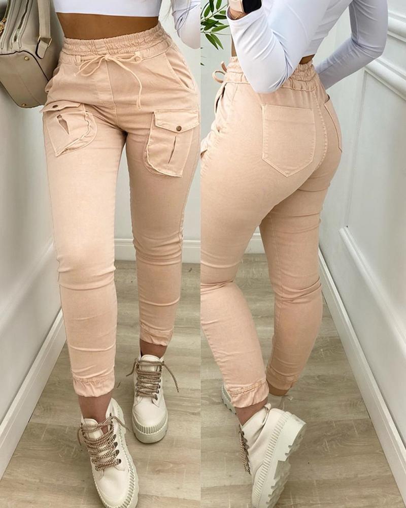 

Pocket Button Design Drawstring Cargo Pants, Pink