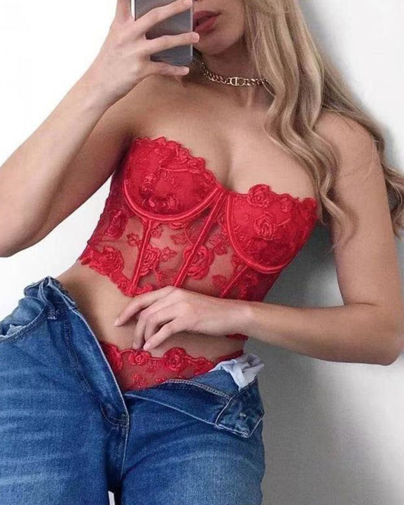 

Rose Floral Embroidery Lace Lingerie Set, Red