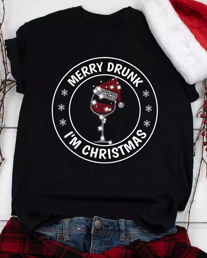 

Christmas Wine Glass Print Casual T-shirt, Black