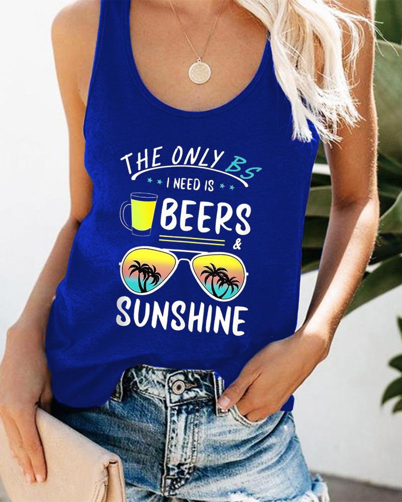 

Sunglasses Beers Coconut Tree Letter Print Graphic Tee Summer Beach Vest Tank Top, Blue