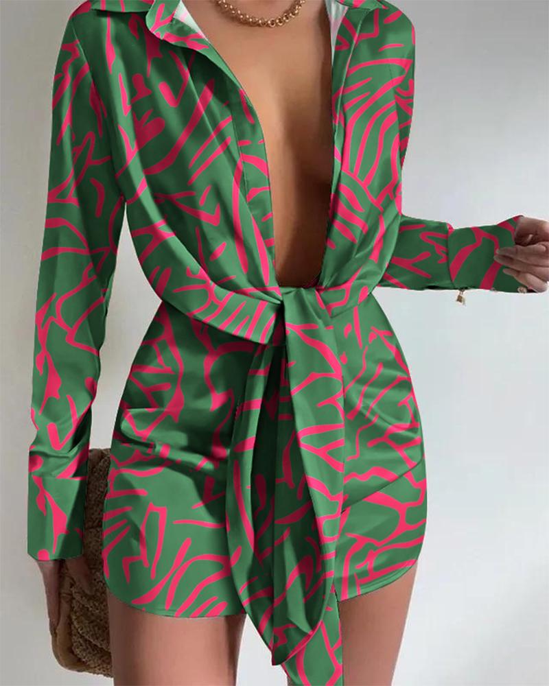 

Abstract Print Tied Detail Long Sleeve Shirt Dress, Green