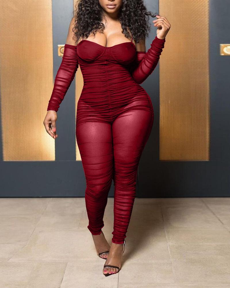 

Cold Shoulder Ruched Sheer Mesh Jumpsuit, Wine red