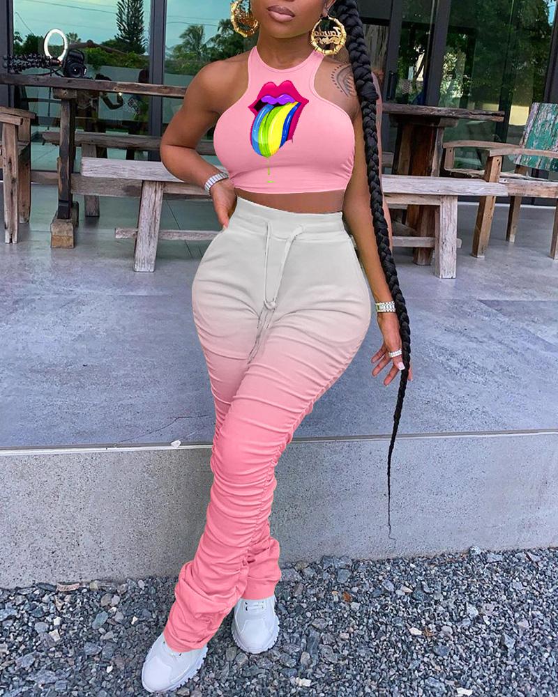 

Halter Mouth Print Gradient Color Drawstring Top & Pants Set (2PCS, Pink