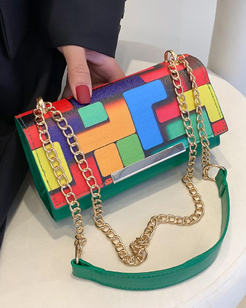 

Vintage Colorblock Flap Square Shoulder Bag, Green