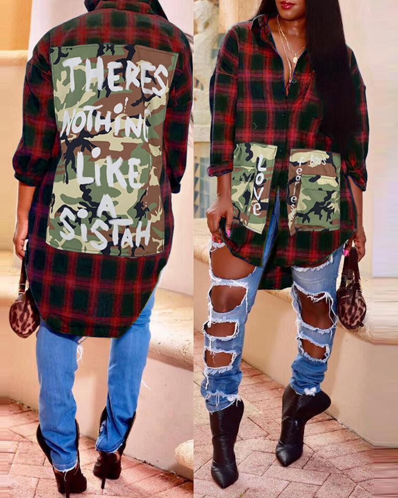 

Plaid Camouflage Letter Print Buttoned Casual Shirt, Red