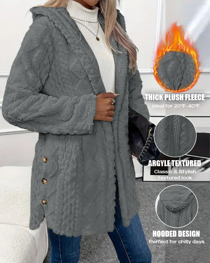 

Argyle Textured Pattern Button Front Hooded Fleece Teddy Coat, Dark grey