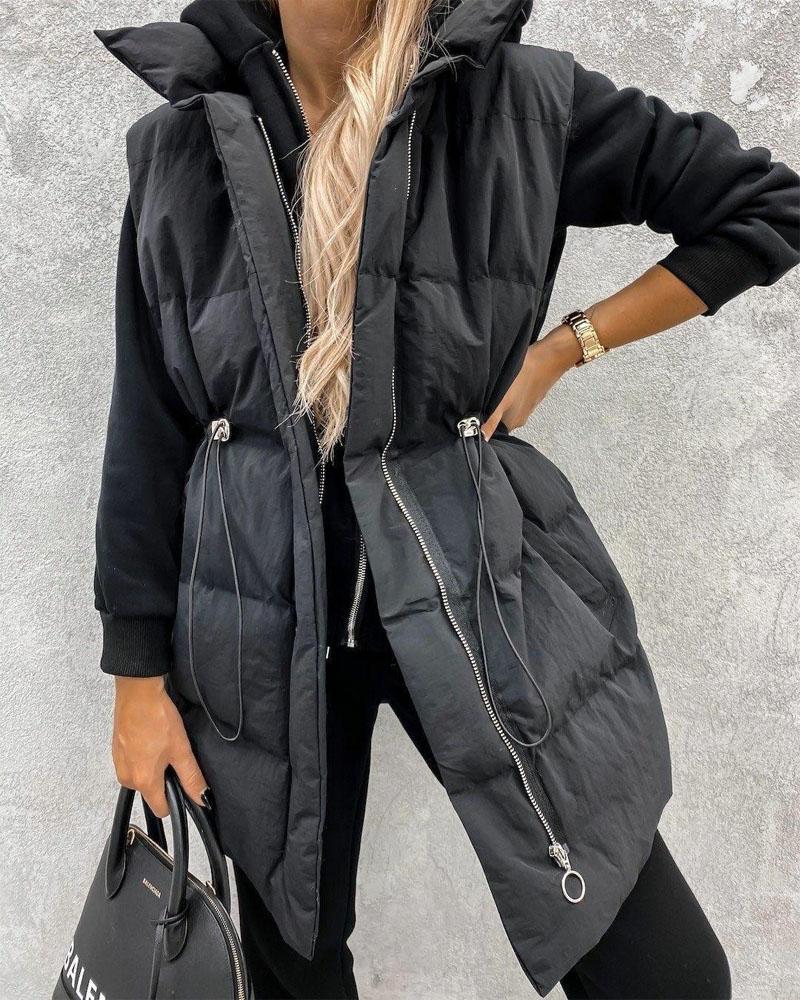 

Drawstring Waist Zip Up Gilet Puffer Jacket, Black